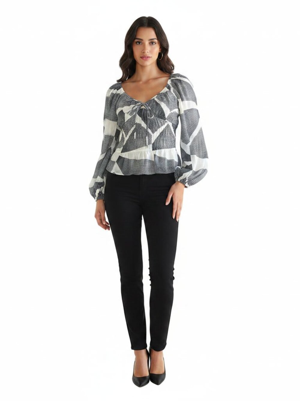 NWOT Express Smocked, Cream & Black, Peplum Blouse, Long-sleeve, V-neck, XS